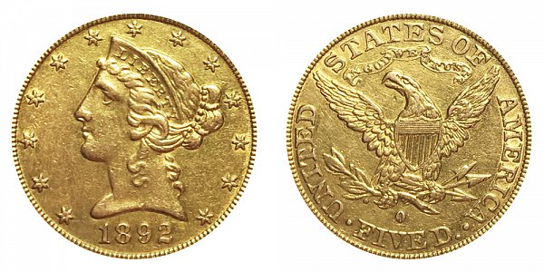 1892 O Liberty Head $5 Gold Half Eagle - Five Dollars 