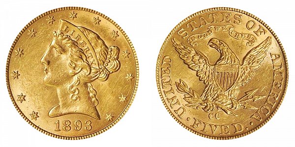1893 CC Liberty Head $5 Gold Half Eagle - Five Dollars 