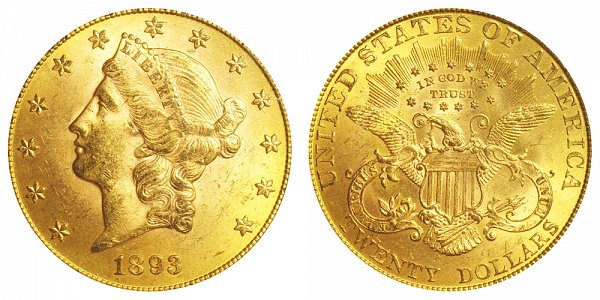 1893 Liberty Head $20 Gold Double Eagle - Twenty Dollars 