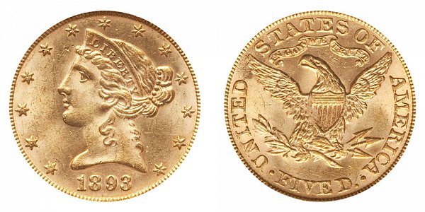 1893 Liberty Head $5 Gold Half Eagle - Five Dollars