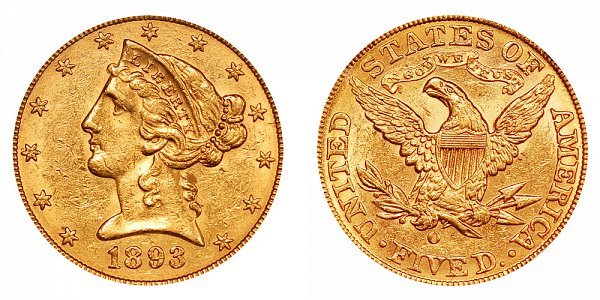 1893 O Liberty Head $5 Gold Half Eagle - Five Dollars 