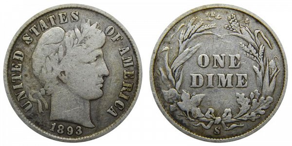 1893 S Silver Barber Dime 