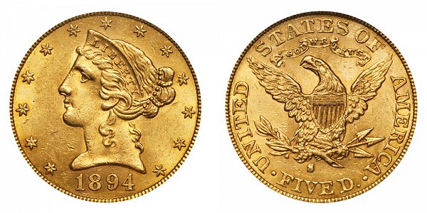 1894 S Liberty Head $5 Gold Half Eagle - Five Dollars