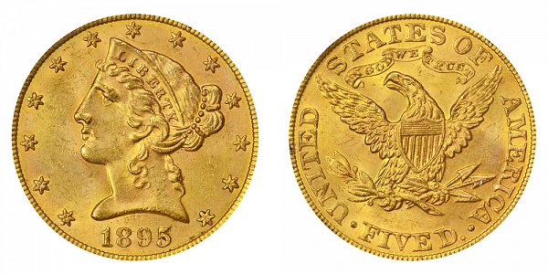 1895 Liberty Head $5 Gold Half Eagle - Five Dollars 