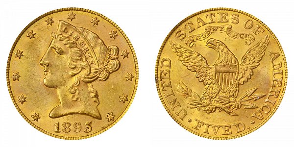 1895 Liberty Head $5 Gold Half Eagle - Five Dollars