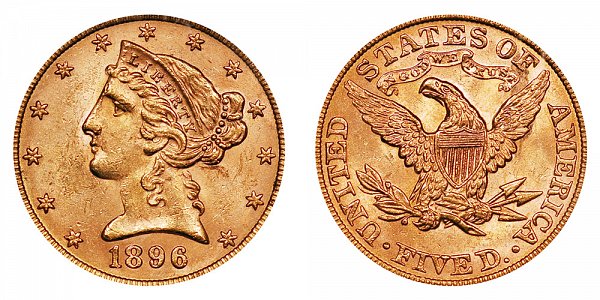 1896 Liberty Head $5 Gold Half Eagle - Five Dollars 