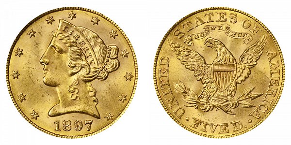 1897 Liberty Head $5 Gold Half Eagle - Five Dollars 