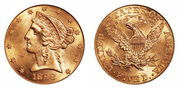 1898 S Liberty Head $5 Gold Half Eagle - Five Dollars 