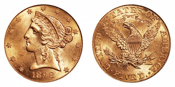 1898 S Liberty Head $5 Gold Half Eagle - Five Dollars