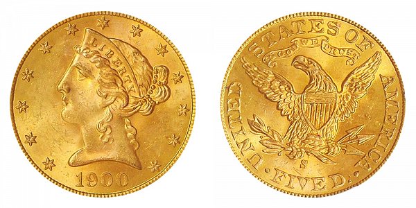 1900 S Liberty Head $5 Gold Half Eagle - Five Dollars 