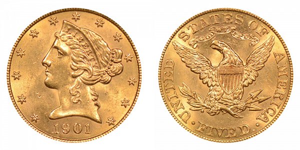 1901 Liberty Head $5 Gold Half Eagle - Five Dollars 