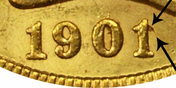 1901/0 Liberty Head Gold Half Eagle - 1 Over 0 Overdate - Closeup Example Image