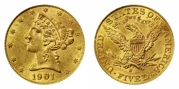 1901/0 S Liberty Head $5 Gold Half Eagle - 1 Over 0 Overdate - Five Dollars 