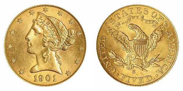 1901 S Liberty Head $5 Gold Half Eagle - Five Dollars