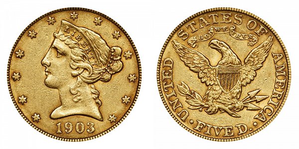 1903 Liberty Head $5 Gold Half Eagle - Five Dollars 