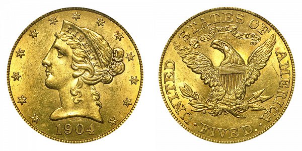 1904 Liberty Head $5 Gold Half Eagle - Five Dollars 