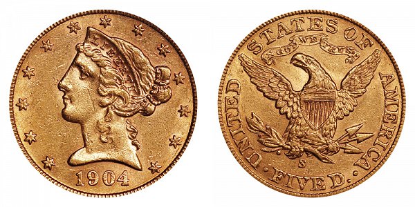 1904 S Liberty Head $5 Gold Half Eagle - Five Dollars