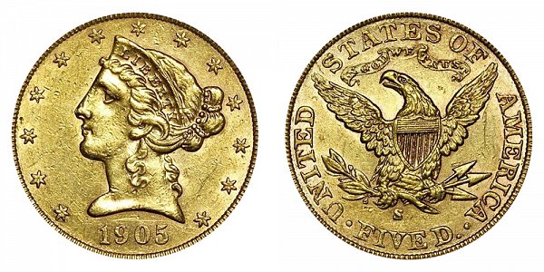 1905 S Liberty Head $5 Gold Half Eagle - Five Dollars 