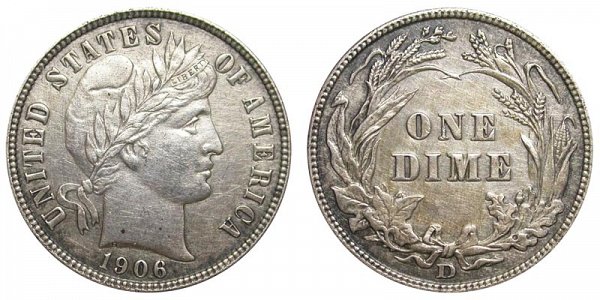 1906 D Silver Barber Dime