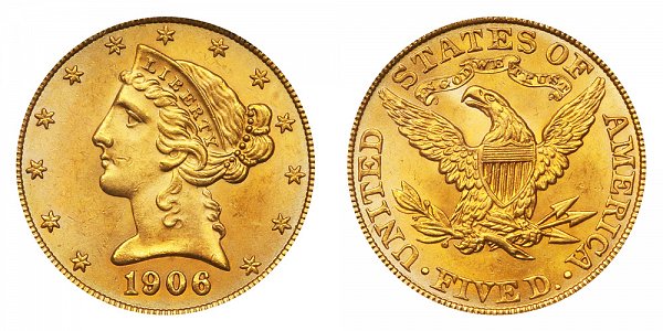 1906 Liberty Head $5 Gold Half Eagle - Five Dollars 