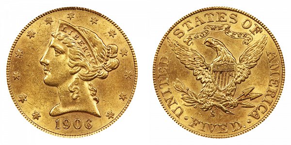 1906 S Liberty Head $5 Gold Half Eagle - Five Dollars