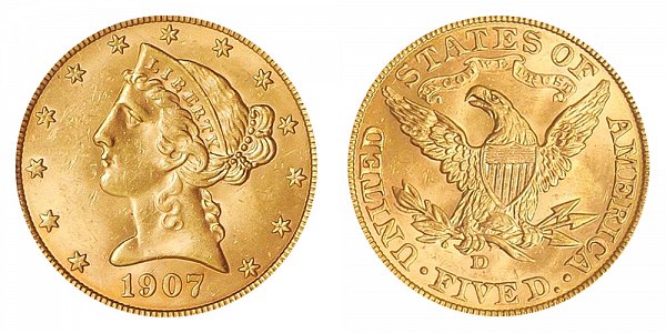 1907 D Liberty Head $5 Gold Half Eagle - Five Dollars 