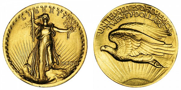 1907 High Relief Plain Edge - Saint Gaudens $20 Gold Double Eagle - Twenty Dollars