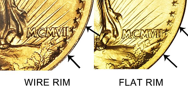 1907 High Relief - Flat Rim vs Wire Rim - $20 Saint Gaudens Gold Double Eagle - Difference and Comparison