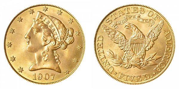 1907 Liberty Head $5 Gold Half Eagle - Five Dollars 