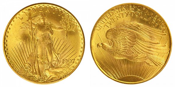 1907 Arabic Numerals - Large Edge Letters - Saint Gaudens $20 Gold Double Eagle - Twenty Dollars 