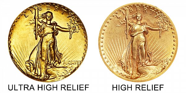 1907 Ultra High Relief vs High Relief Obverse - $20 Saint Gaudens Gold Double Eagle - Difference and Comparison