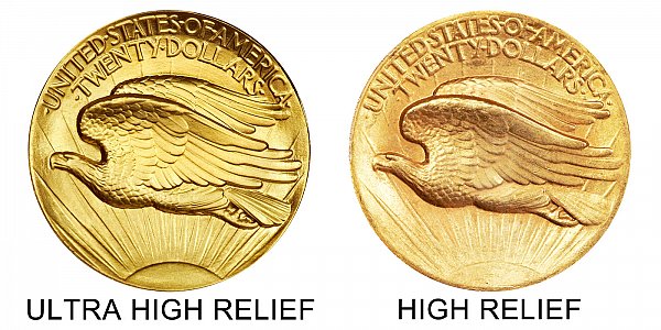 1907 Ultra High Relief vs High Relief Reverse - $20 Saint Gaudens Gold Double Eagle - Difference and Comparison