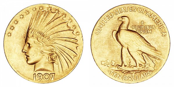 1907 Wire Rim Plain Edge - Indian Head $10 Gold Eagle - Ten Dollars 
