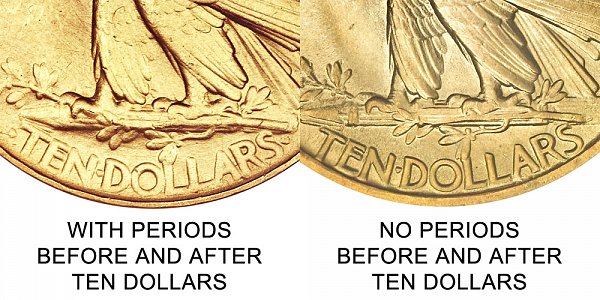 1907 With Periods vs No Periods Before and After Ten Dollars - $10 Indian Head Gold Half Eagle - Difference and Comparison