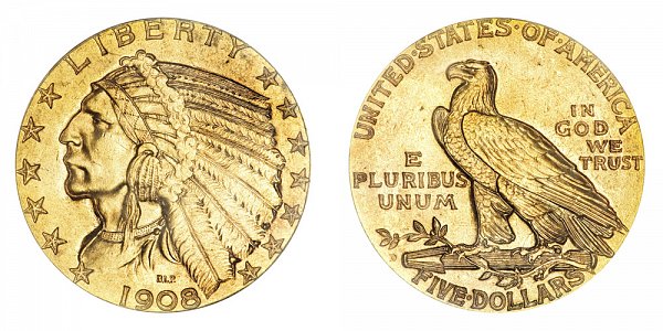 1908 D Indian Head $5 Gold Half Eagle - Five Dollars 