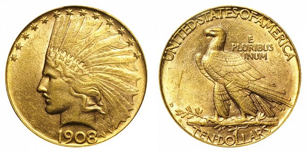 1908 D No Motto - Indian Head $10 Gold Eagle - Ten Dollars 