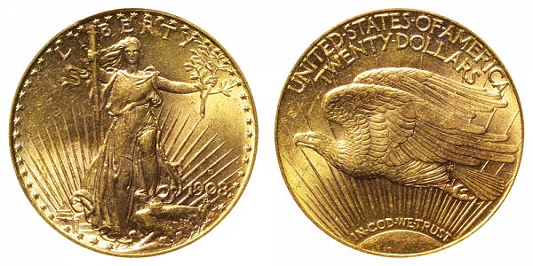 1908 D With Motto - Saint Gaudens $20 Gold Double Eagle - Twenty Dollars 