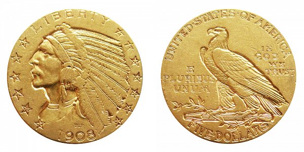 1908 Indian Head $5 Gold Half Eagle - Five Dollars 