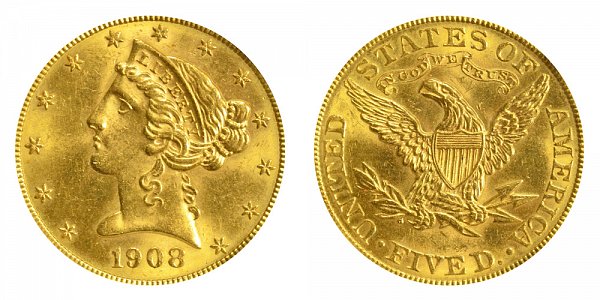 1908 Liberty Head $5 Gold Half Eagle - Five Dollars 