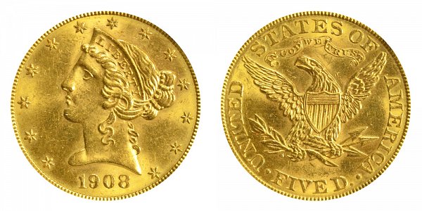 1908 Liberty Head $5 Gold Half Eagle - Five Dollars 