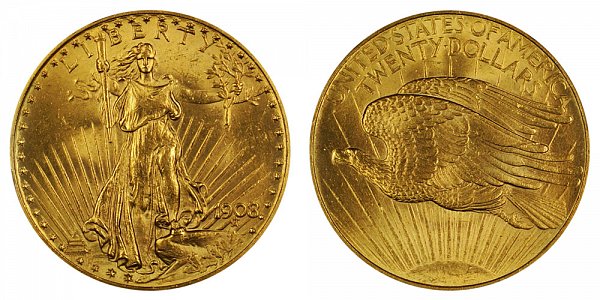 1908 No Motto - Saint Gaudens $20 Gold Double Eagle - Twenty Dollars 