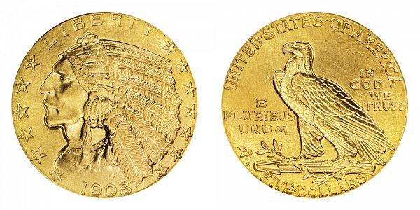 1908 S Indian Head $5 Gold Half Eagle - Five Dollars 
