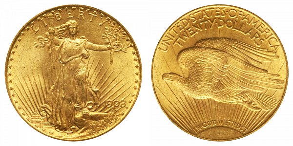 1908 With Motto - Saint Gaudens $20 Gold Double Eagle - Twenty Dollars