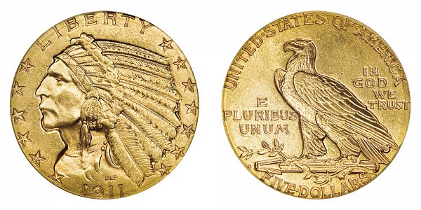 1911 D Indian Head $5 Gold Half Eagle - Five Dollars 