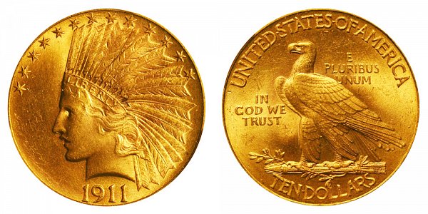 1911 Indian Head $10 Gold Eagle - Ten Dollars 