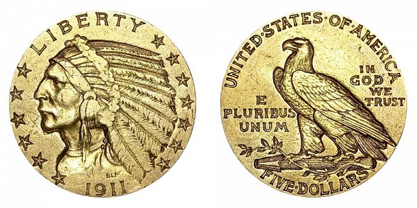 1911 Indian Head $5 Gold Half Eagle - Five Dollars 