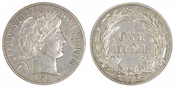 1911 S Silver Barber Dime