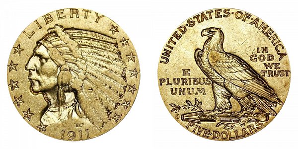 1911 S Indian Head $5 Gold Half Eagle - Five Dollars 