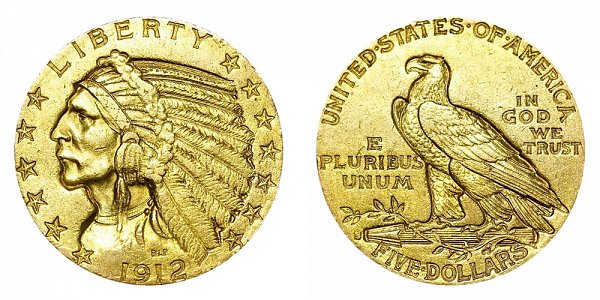 1912 S Indian Head $5 Gold Half Eagle - Five Dollars 