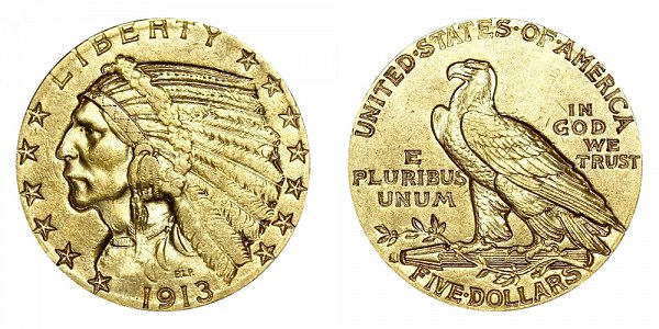 1913 S Indian Head $5 Gold Half Eagle - Five Dollars 